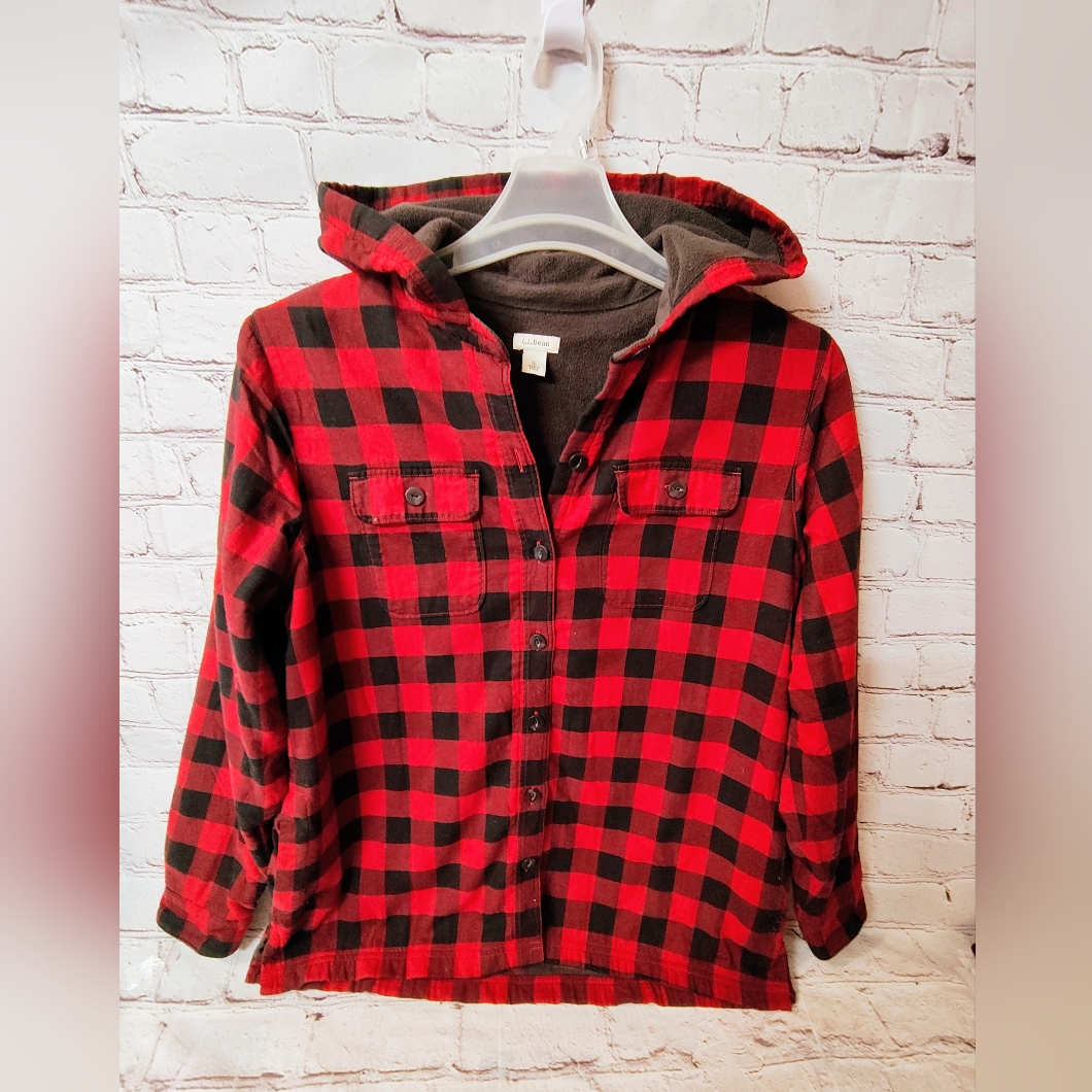 L.L. Bean Women's Fleece Lined Red Buffalo Check Shacket M With Hood Cabincore